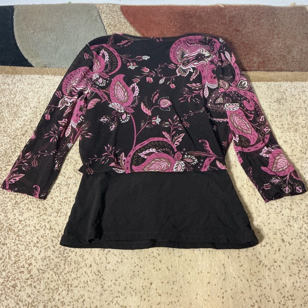 Y2K INC Womens L‎ Paisley Mesh Tie Front 2-in-1 Layered Black 3/4 Sleeve Top - Picture 5 of 5